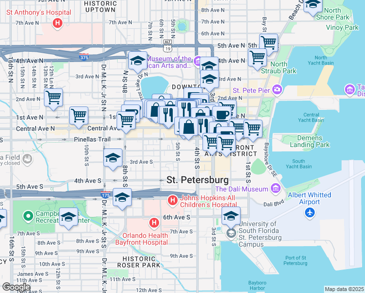 map of restaurants, bars, coffee shops, grocery stores, and more near 116 5th Street South in St. Petersburg