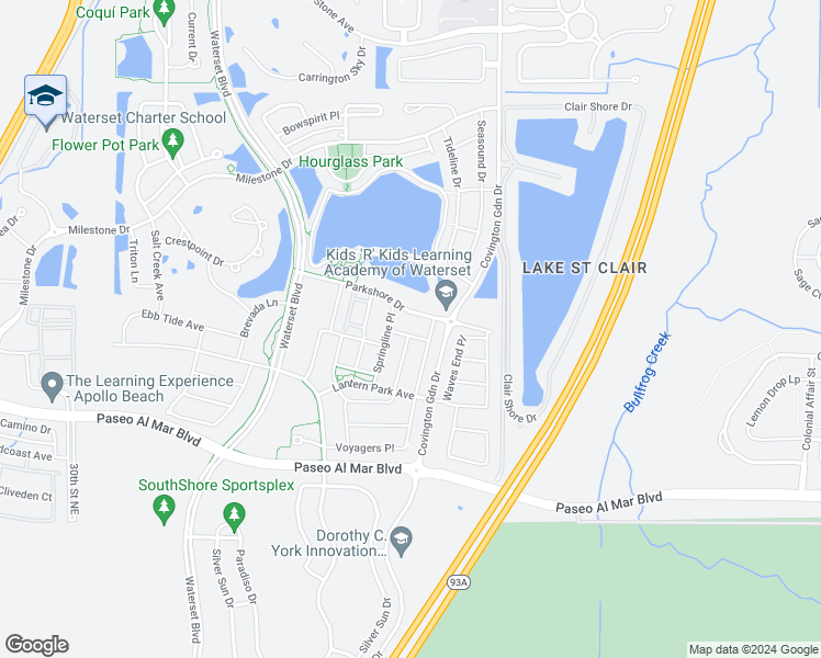 map of restaurants, bars, coffee shops, grocery stores, and more near 7412 Radden Court in Apollo Beach