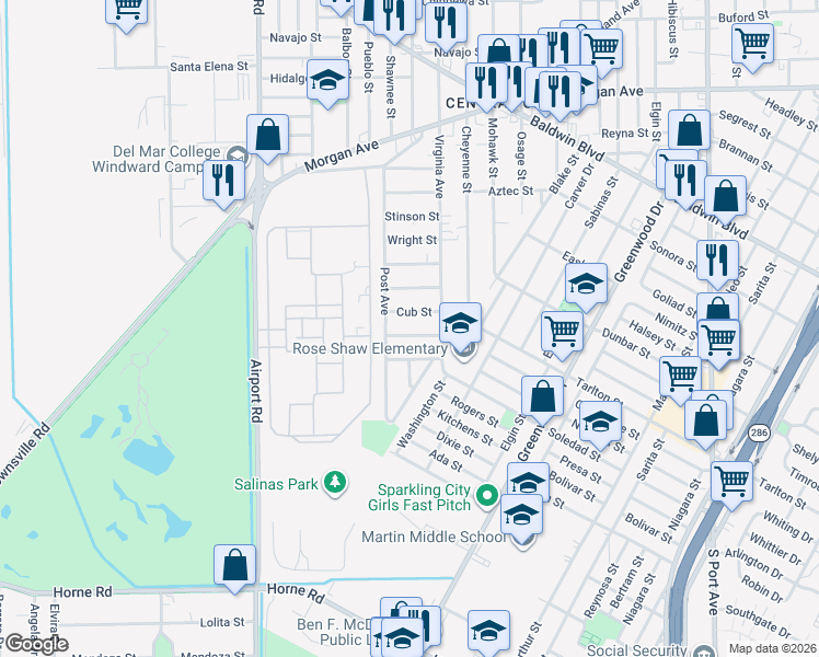 map of restaurants, bars, coffee shops, grocery stores, and more near 3637 Fairchild Street in Corpus Christi