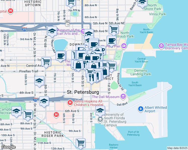 map of restaurants, bars, coffee shops, grocery stores, and more near 239 2nd Avenue South in St. Petersburg
