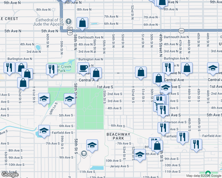 map of restaurants, bars, coffee shops, grocery stores, and more near 5401 2nd Avenue South in St. Petersburg
