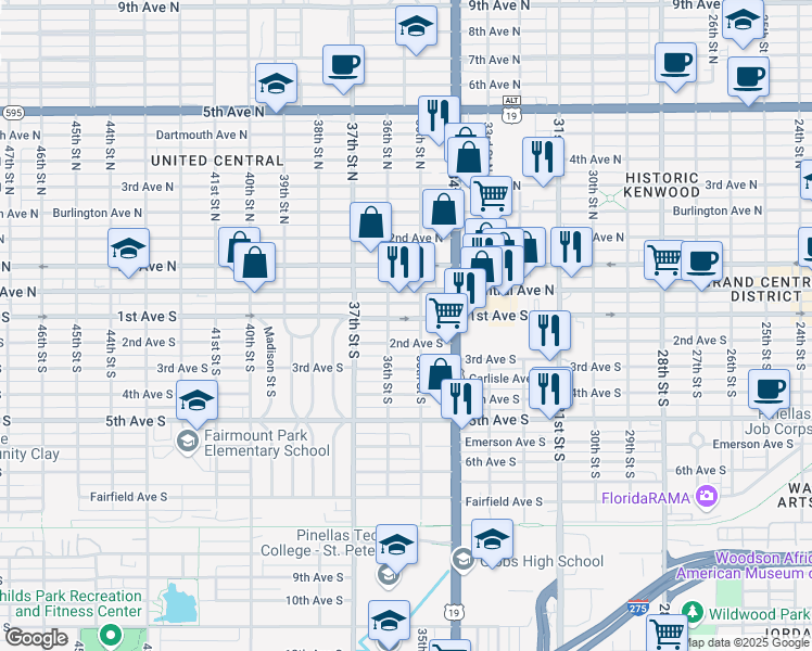 map of restaurants, bars, coffee shops, grocery stores, and more near 3526 1st Avenue South in Saint Petersburg