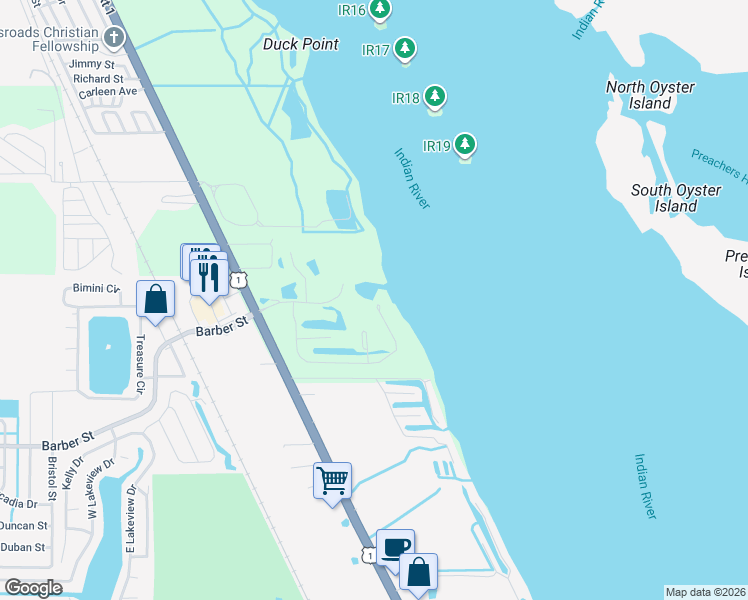 map of restaurants, bars, coffee shops, grocery stores, and more near 9509 Riverside Drive in Sebastian