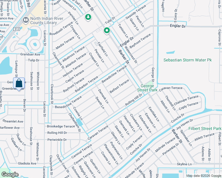 map of restaurants, bars, coffee shops, grocery stores, and more near 589 Belfast Terrace in Sebastian