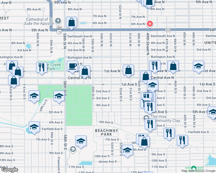 map of restaurants, bars, coffee shops, grocery stores, and more near 5320 1st Avenue South in St. Petersburg