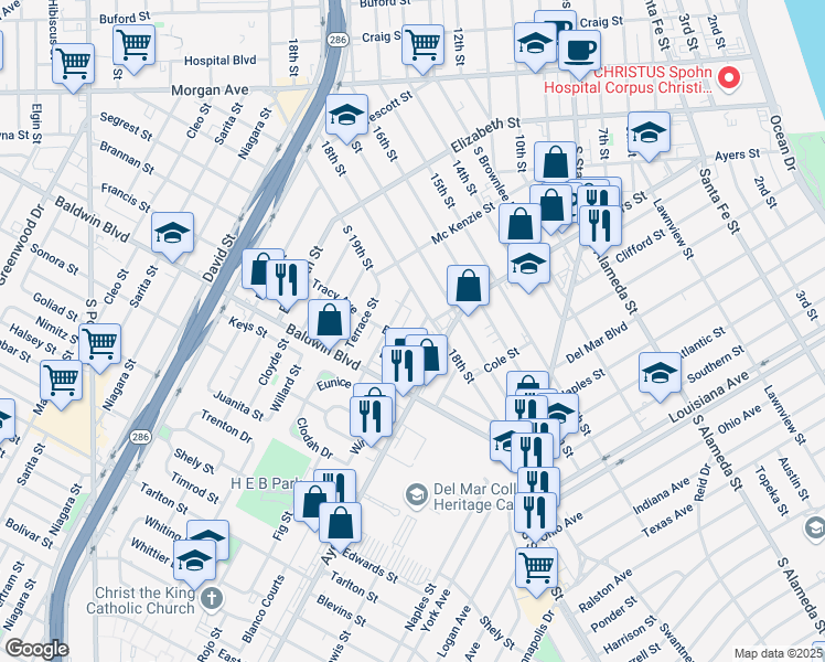 map of restaurants, bars, coffee shops, grocery stores, and more near 2519 Isabel Street in Corpus Christi