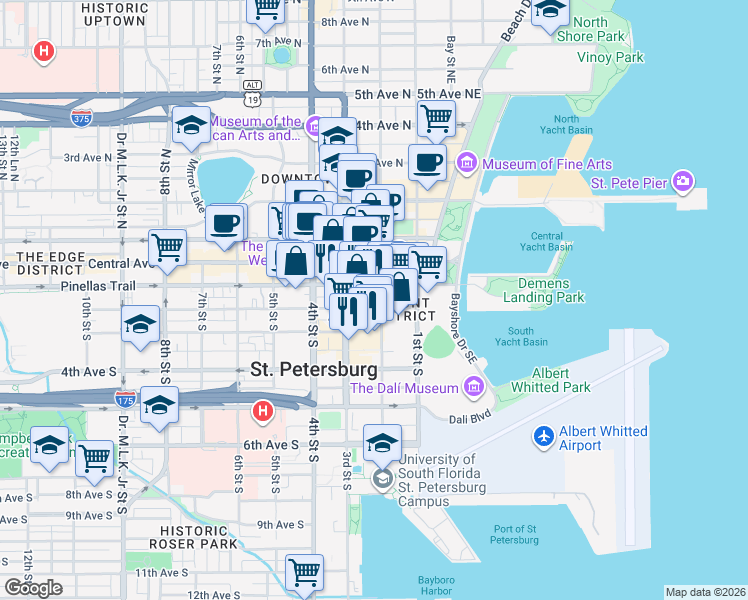 map of restaurants, bars, coffee shops, grocery stores, and more near 239 2nd Avenue South in St. Petersburg