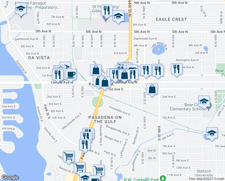 map of restaurants, bars, coffee shops, grocery stores, and more near 6688 1st Avenue South in Saint Petersburg