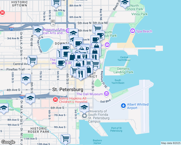 map of restaurants, bars, coffee shops, grocery stores, and more near 101 1st Street South in St. Petersburg