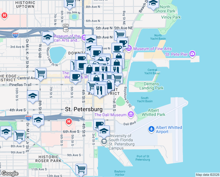 map of restaurants, bars, coffee shops, grocery stores, and more near 101 1st Street South in St. Petersburg