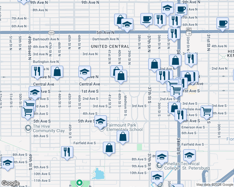 map of restaurants, bars, coffee shops, grocery stores, and more near 103 40th Street South in St. Petersburg