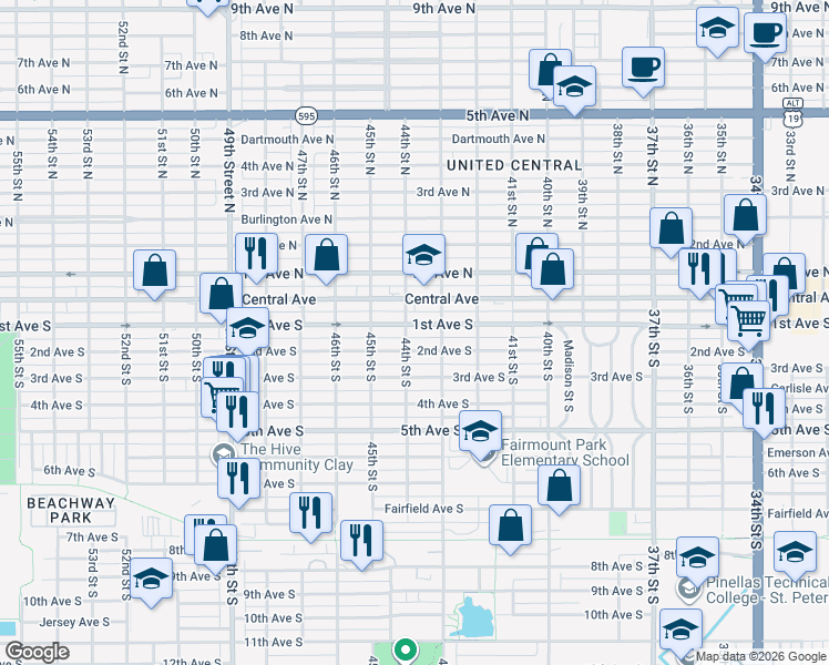 map of restaurants, bars, coffee shops, grocery stores, and more near 4319 2nd Avenue South in St. Petersburg