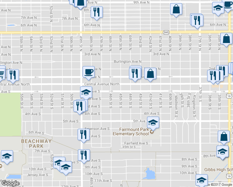 map of restaurants, bars, coffee shops, grocery stores, and more near 4525 2nd Avenue South in St. Petersburg