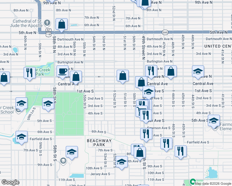 map of restaurants, bars, coffee shops, grocery stores, and more near 131 52nd Street South in St. Petersburg