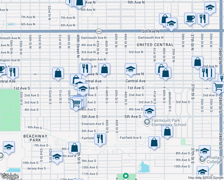 map of restaurants, bars, coffee shops, grocery stores, and more near 4520 1st Avenue South in Saint Petersburg