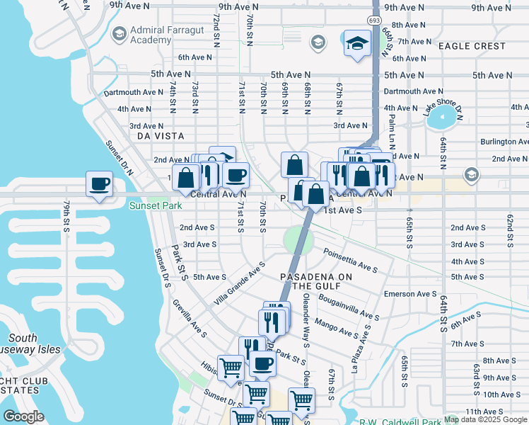 map of restaurants, bars, coffee shops, grocery stores, and more near 112 70th Street South in St. Petersburg