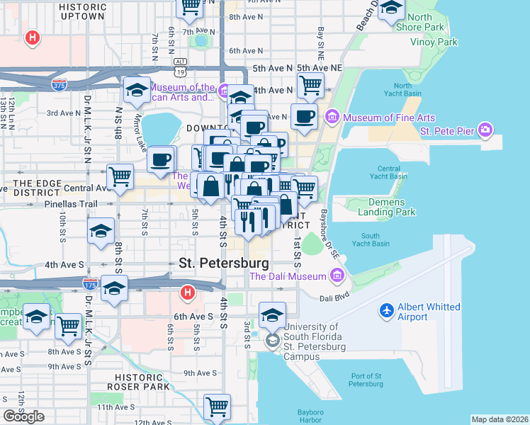 map of restaurants, bars, coffee shops, grocery stores, and more near 175 2nd Street South in St. Petersburg