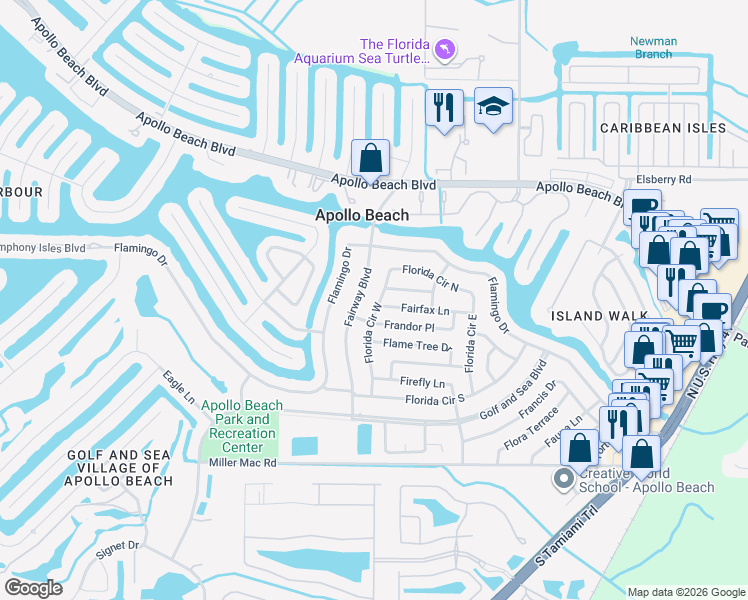 map of restaurants, bars, coffee shops, grocery stores, and more near 6321 Florida Circle North in Apollo Beach