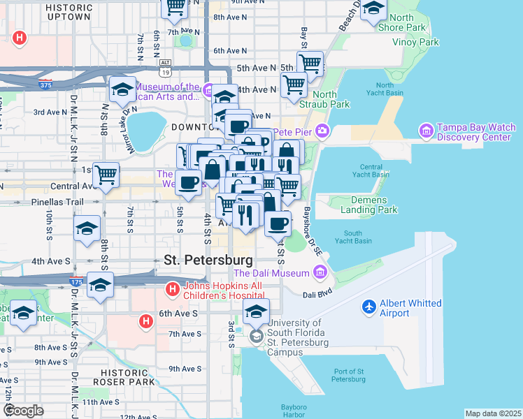 map of restaurants, bars, coffee shops, grocery stores, and more near 101 1st Street South in St. Petersburg