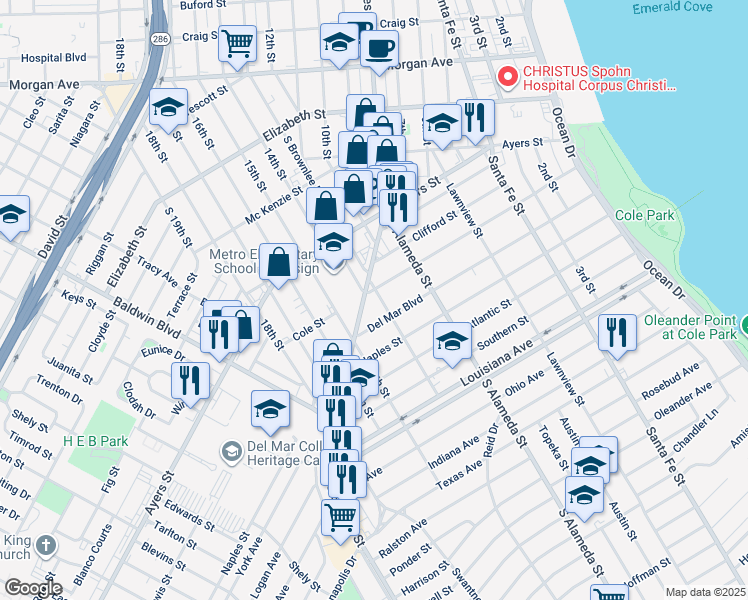 map of restaurants, bars, coffee shops, grocery stores, and more near 542 Del Mar Boulevard in Corpus Christi