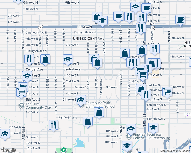 map of restaurants, bars, coffee shops, grocery stores, and more near 103 40th Street South in St. Petersburg