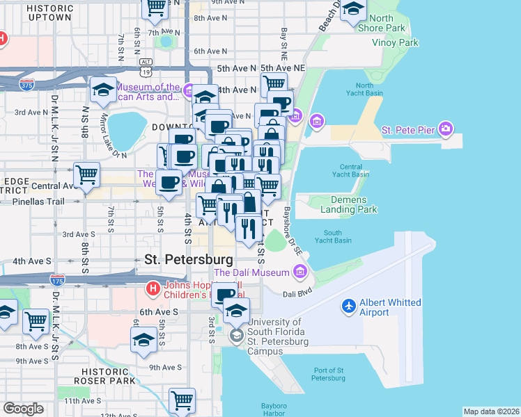 map of restaurants, bars, coffee shops, grocery stores, and more near 72 1st Avenue Southeast in St. Petersburg