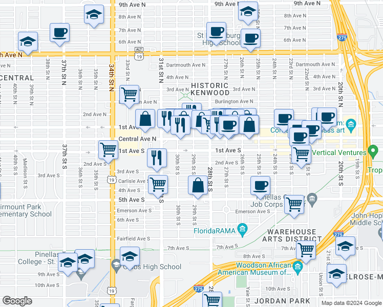 map of restaurants, bars, coffee shops, grocery stores, and more near 2861 2nd Avenue South in St. Petersburg