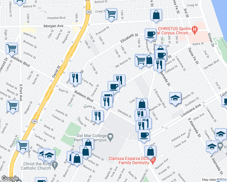 map of restaurants, bars, coffee shops, grocery stores, and more near 2107 Ayers Street in Corpus Christi
