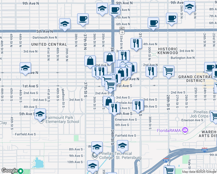 map of restaurants, bars, coffee shops, grocery stores, and more near in St. Petersburg