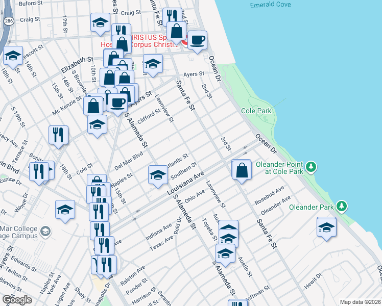 map of restaurants, bars, coffee shops, grocery stores, and more near 2100 Lawnview Street in Corpus Christi
