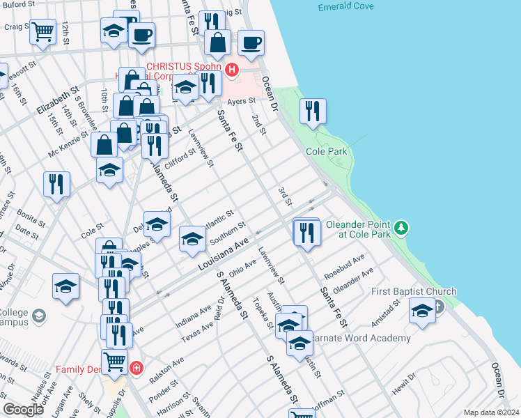map of restaurants, bars, coffee shops, grocery stores, and more near 318 Southern Street in Corpus Christi