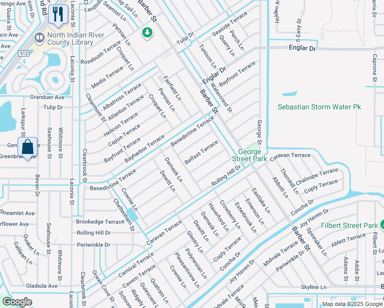 map of restaurants, bars, coffee shops, grocery stores, and more near 573 Belfast Terrace in Sebastian