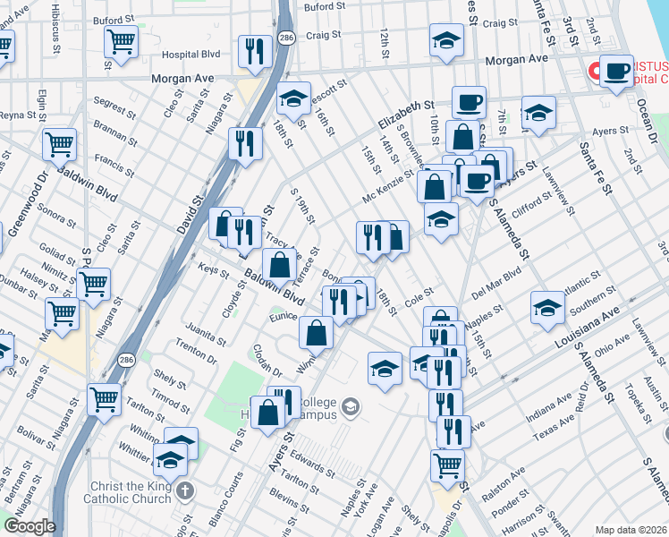 map of restaurants, bars, coffee shops, grocery stores, and more near 1443 Bonita Street in Corpus Christi
