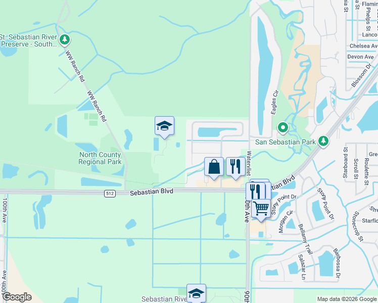 map of restaurants, bars, coffee shops, grocery stores, and more near 505 Sebastian Crossings Boulevard in Sebastian