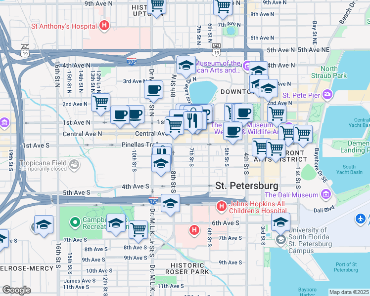 map of restaurants, bars, coffee shops, grocery stores, and more near 151 7th Street South in St. Petersburg