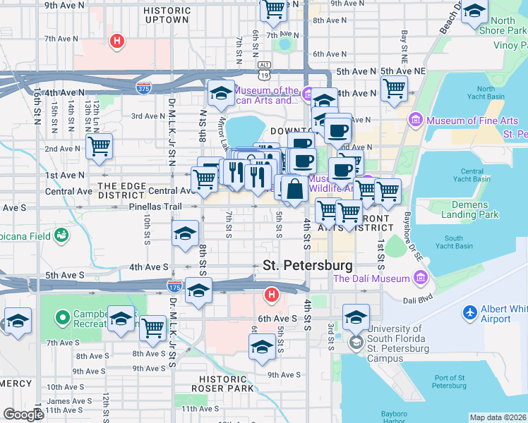 map of restaurants, bars, coffee shops, grocery stores, and more near 550 1st Avenue South in St. Petersburg