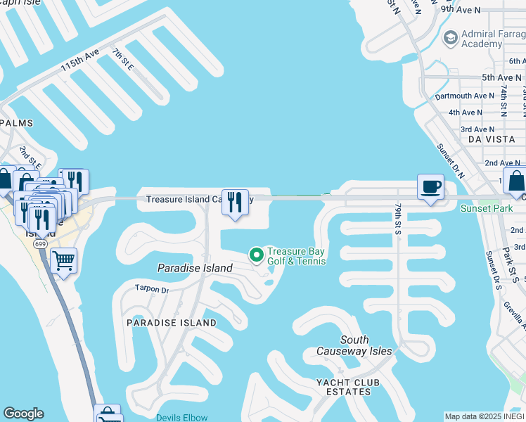 map of restaurants, bars, coffee shops, grocery stores, and more near 450 Treasure Island Causeway in Treasure Island
