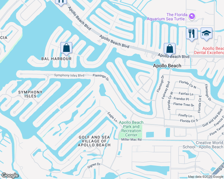 map of restaurants, bars, coffee shops, grocery stores, and more near 736 Flamingo Drive in Apollo Beach