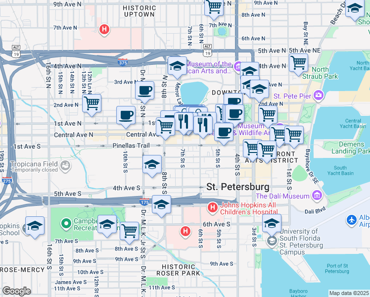 map of restaurants, bars, coffee shops, grocery stores, and more near 653 2nd Avenue South in St. Petersburg