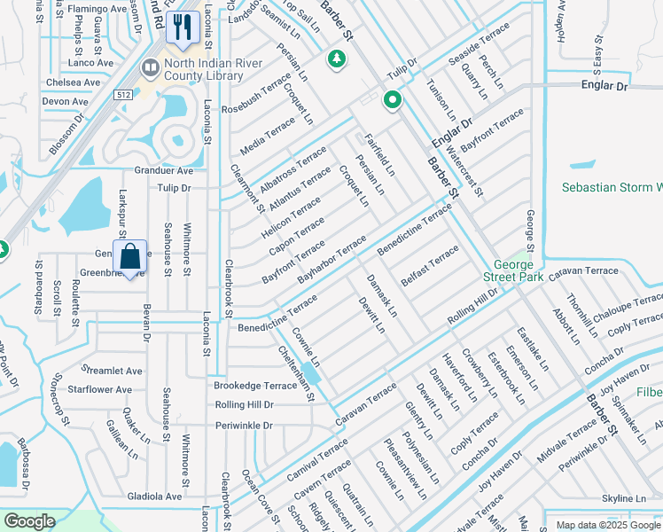 map of restaurants, bars, coffee shops, grocery stores, and more near 670 Bayharbor Terrace in Sebastian