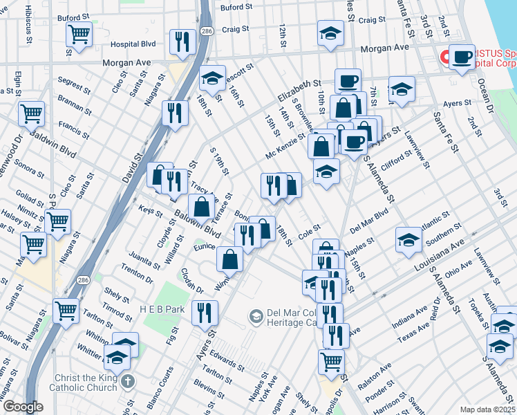 map of restaurants, bars, coffee shops, grocery stores, and more near 2107 Ayers Street in Corpus Christi