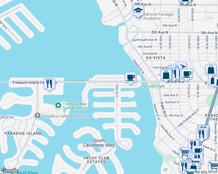 map of restaurants, bars, coffee shops, grocery stores, and more near 7930 Causeway Boulevard South in St. Petersburg