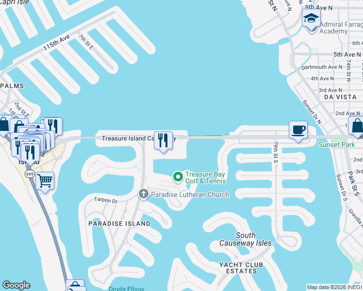 map of restaurants, bars, coffee shops, grocery stores, and more near 450 Treasure Island Causeway in Treasure Island