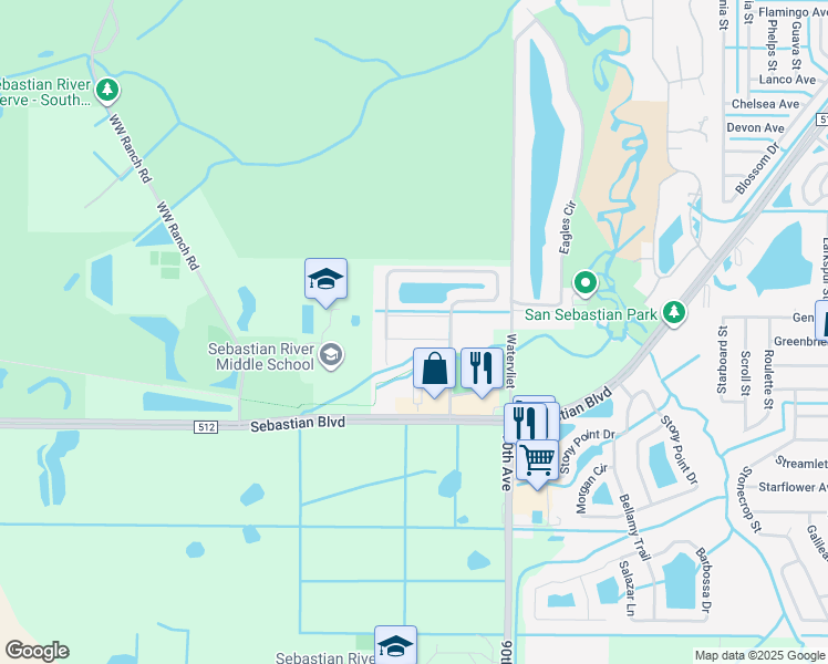 map of restaurants, bars, coffee shops, grocery stores, and more near 114 Carlisle Way in Sebastian