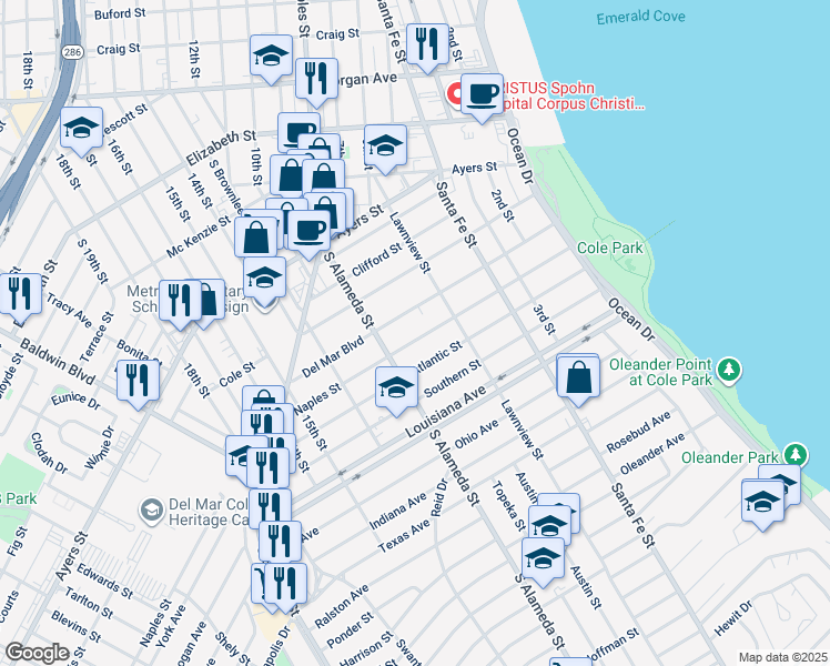 map of restaurants, bars, coffee shops, grocery stores, and more near 459 Naples Street in Corpus Christi