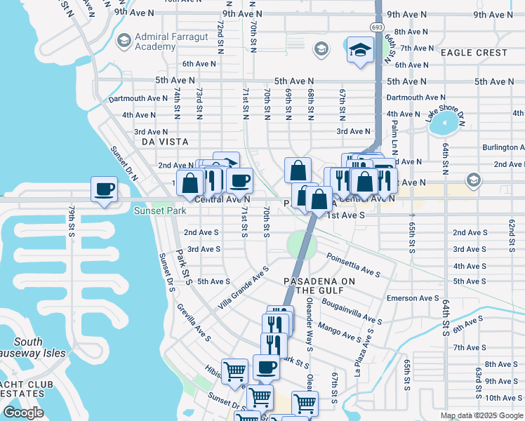 map of restaurants, bars, coffee shops, grocery stores, and more near 112 70th Street South in St. Petersburg