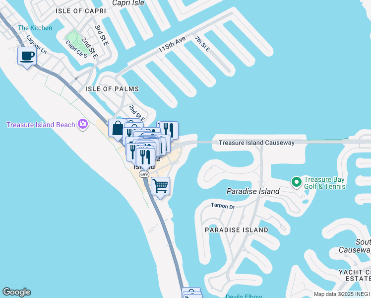 map of restaurants, bars, coffee shops, grocery stores, and more near 255 104th Avenue in Treasure Island