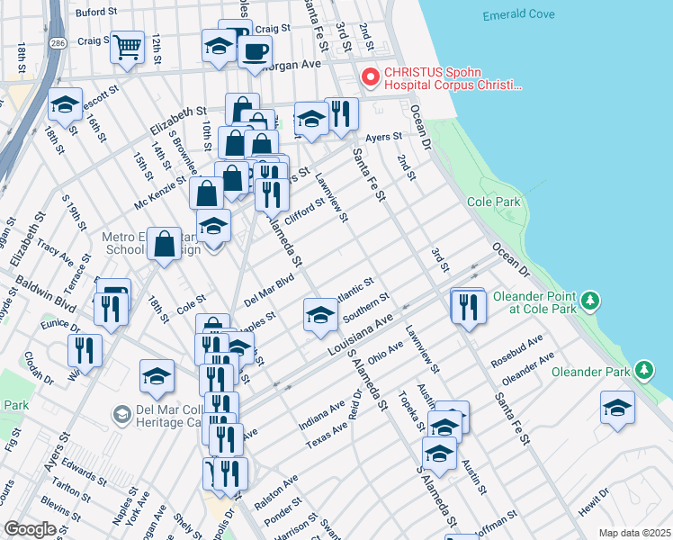 map of restaurants, bars, coffee shops, grocery stores, and more near 459 Naples Street in Corpus Christi