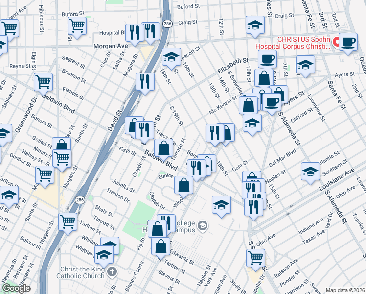 map of restaurants, bars, coffee shops, grocery stores, and more near 2616 Terrace Street in Corpus Christi