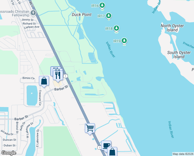 map of restaurants, bars, coffee shops, grocery stores, and more near 9509 Riverside Drive in Sebastian